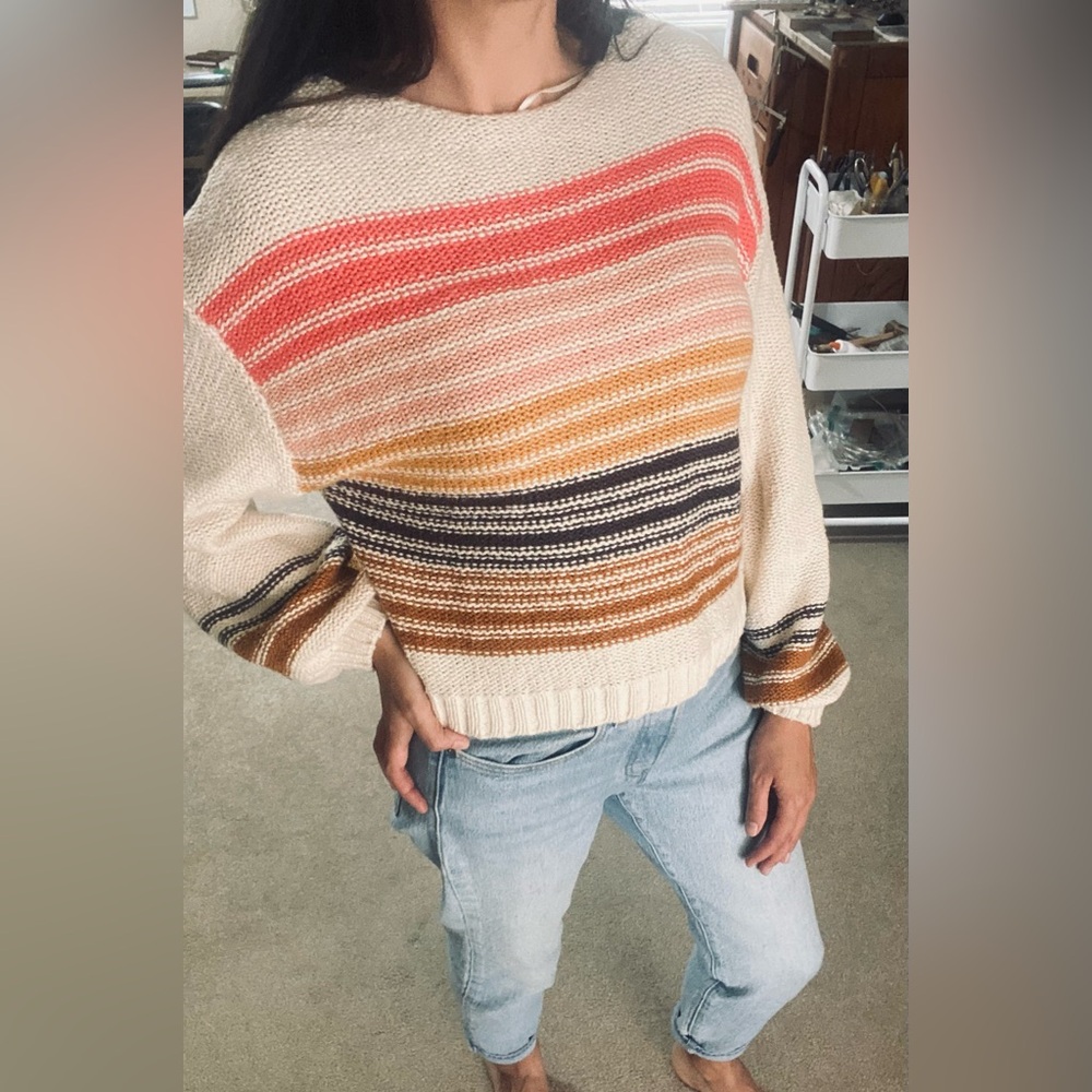 Billabong 100% Cotton Sweater – Ivory & Bright Stripes, Like New! 🌟